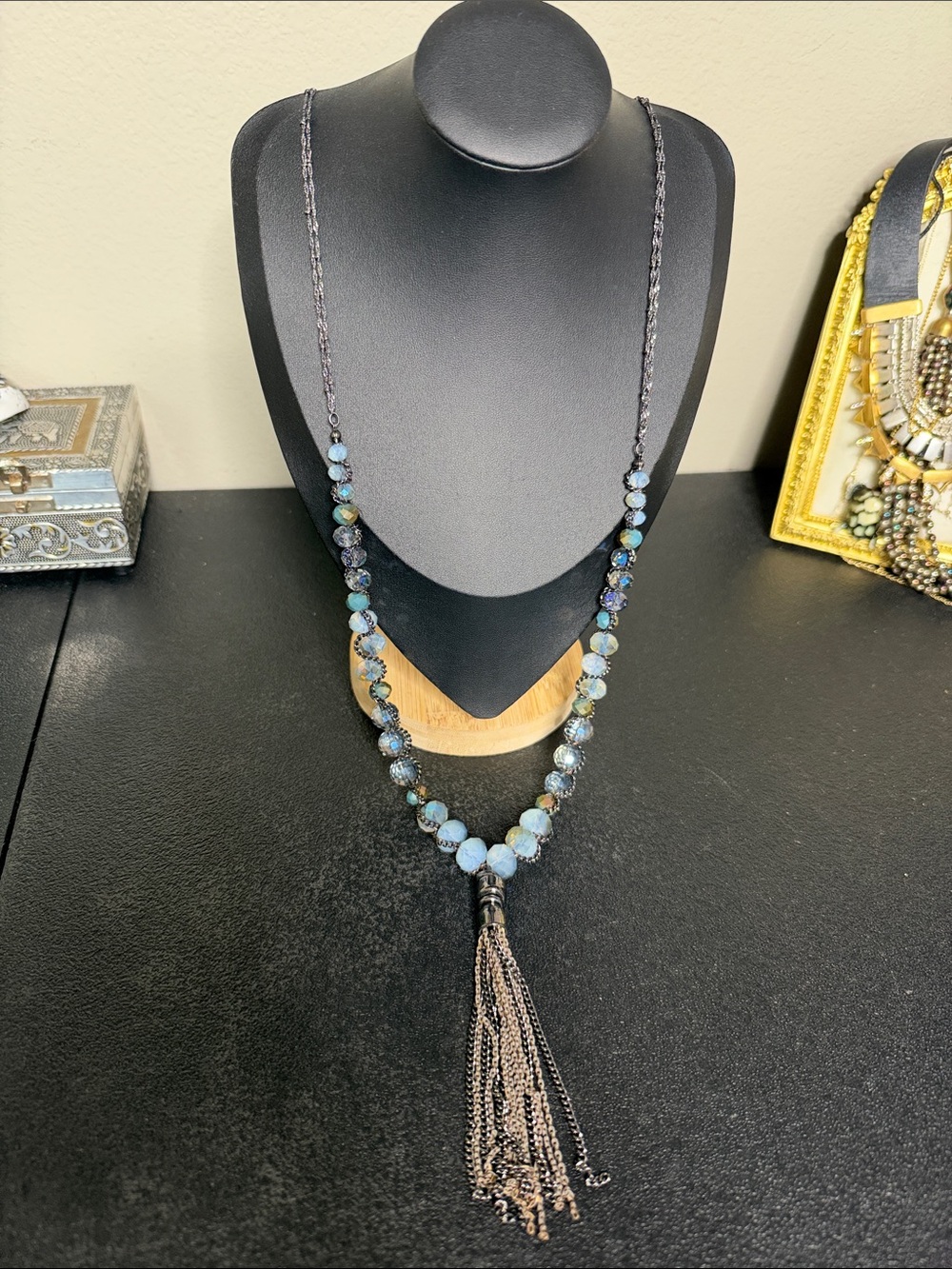 The Limited Long Tassel Glass Beaded Necklace - Blue Multi Statement Long